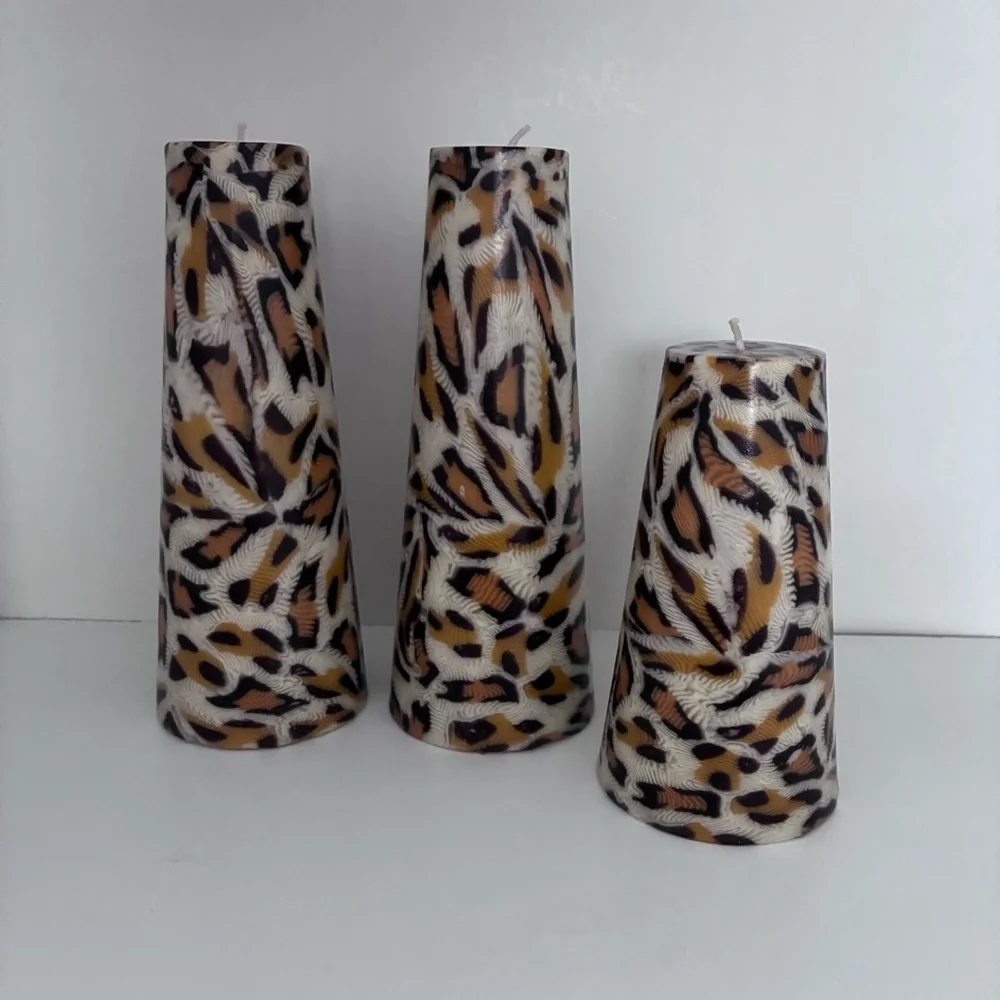 3 UNSCENTED Animal Print Candles Leopard Print: cone shape